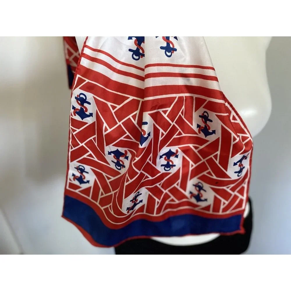 Vintage Nautical Americana Red White‎ Blue Scarf Anchors Silky Fabric 52